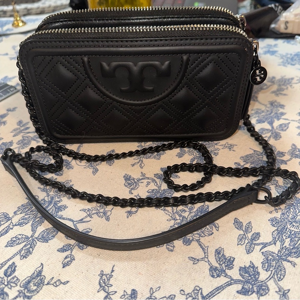 Tory Burch Fleming Double-Zip Mini Bag Black Leather - Black Matte